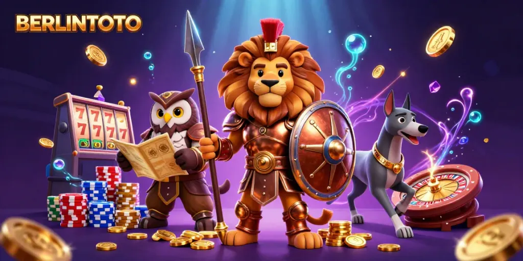 Experience thrilling gameplay at BERLINTOTO with vibrant slot machine reels, coins, and dynamic characters.
