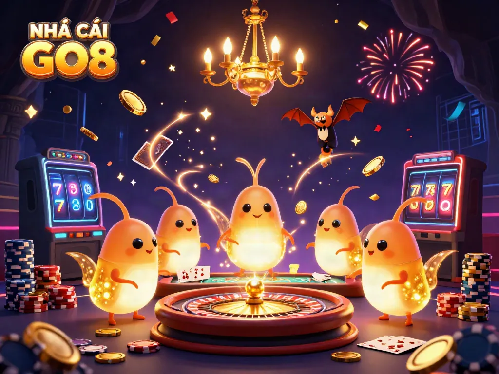 Experience the excitement at NHÀ CÁI GO8 with vibrant casino game elements and a whimsical glowworm team.