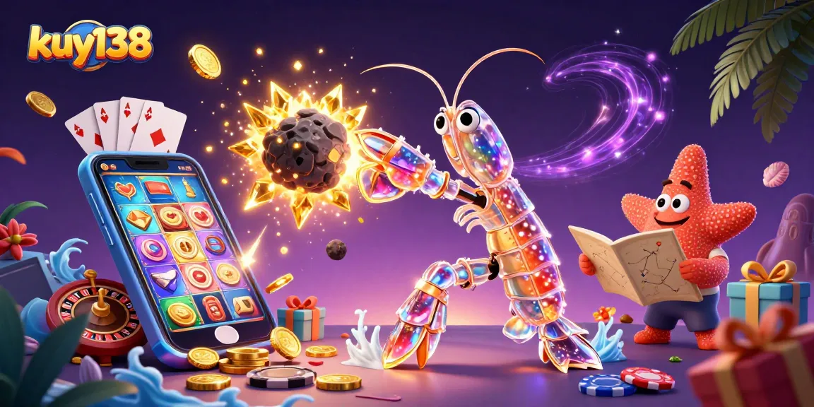 Kuy138 menampilkan gambaran kasino dengan samurai udang mantis 3D yang beraksi di antara koin emas dan permainan slot yang menarik.