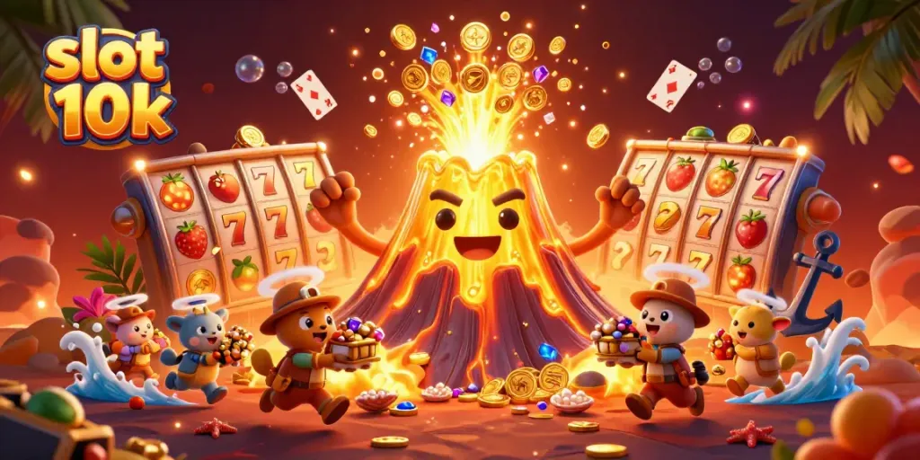 Menggali slot 10k yang menguntungkan dengan karakter menjelajah, simbol jackpot, dan banyak harta karun di sekitarnya.