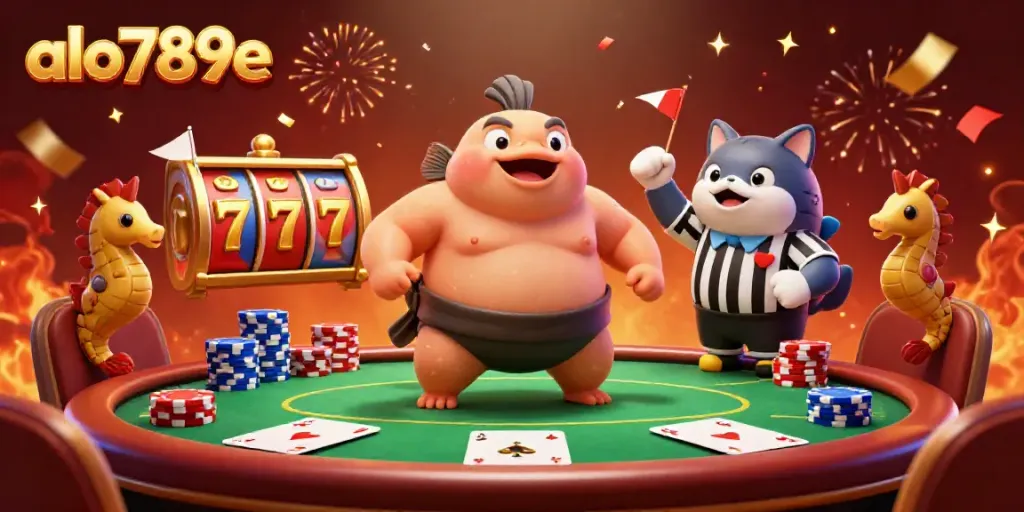 Experience the vibrant gaming world of alo789e with a lively underwater scene featuring a fugu in a sumo belt amidst colorful slot elements and poker chips.