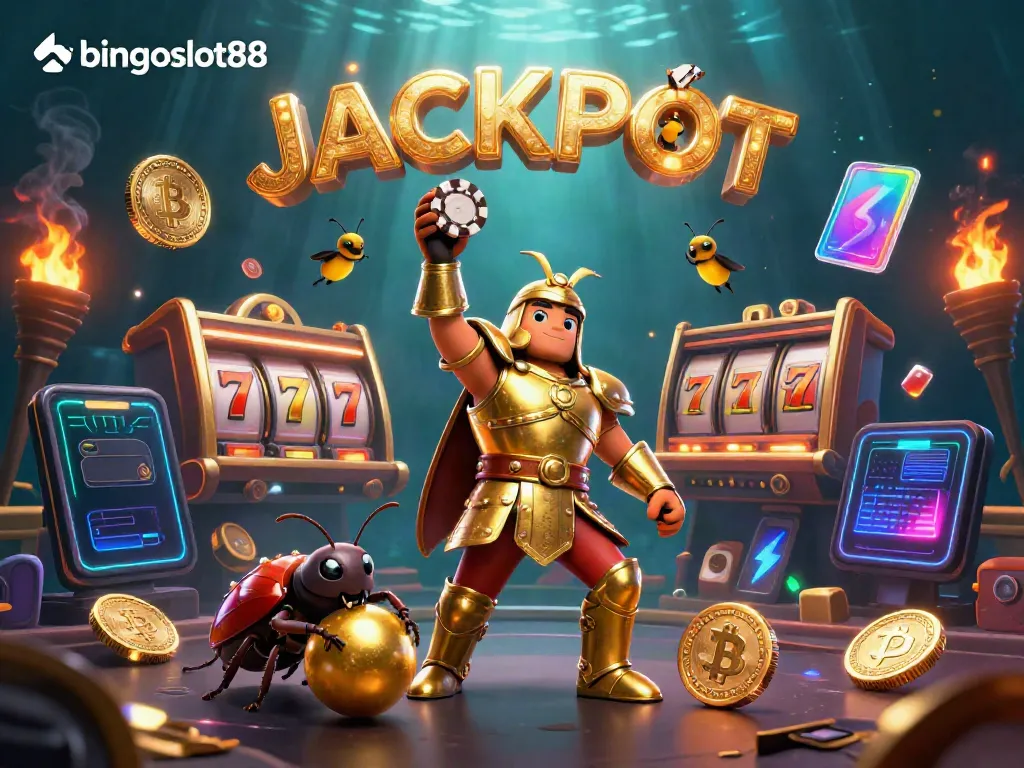 BINGOSLOT88 menghadirkan gambar menarik dengan karakter dan elemen kasino, termasuk jackpot dan slot reels.