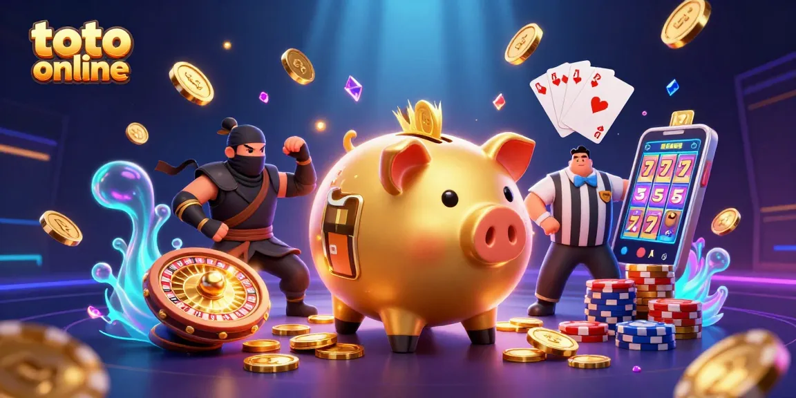 Menang di toto online dengan piggy bank emas yang mengeluarkan koin sambil bermain.