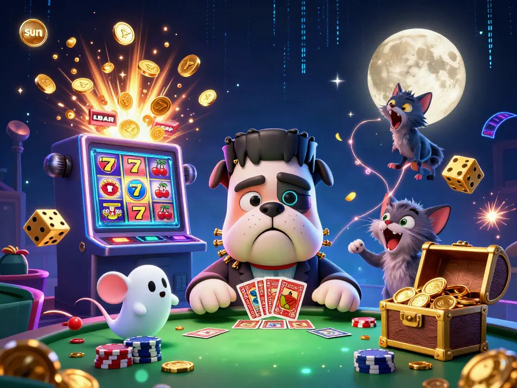 Experience thrilling casino action with a sun-themed illustration featuring unique characters and vibrant game elements.