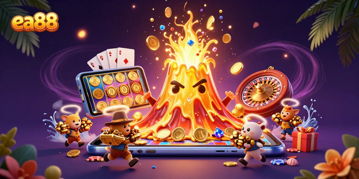 ea88 evokes thrilling casino adventures with golden coins and a vibrant volcano scene.
