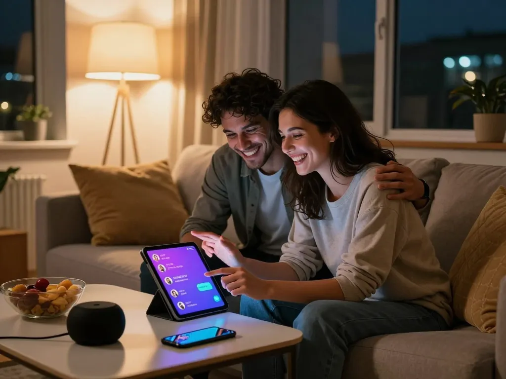Couple engaging in ai sexting conversation in cozy living room, playful mood and tech devices.