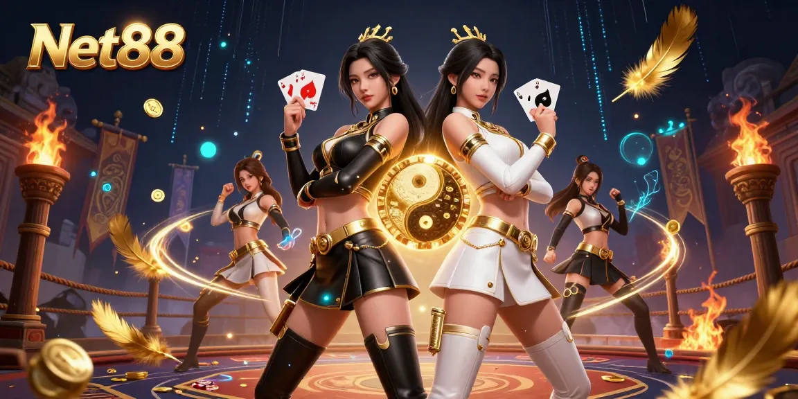 Experience the thrill of gambling with Net88 as twin Asian women showcase their skills with playing cards in a vibrant 3D casino scene.