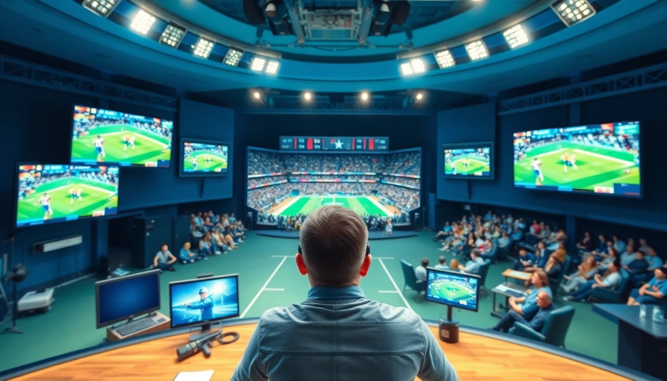 Captivating sports broadcasting scene with a host and multiple screens showcasing live events.