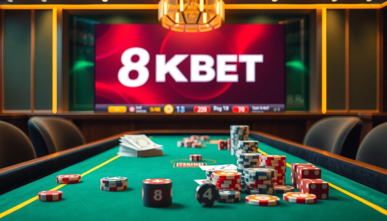 Engaging gameplay at a luxurious 8KBET casino table with vibrant poker chips and cards.