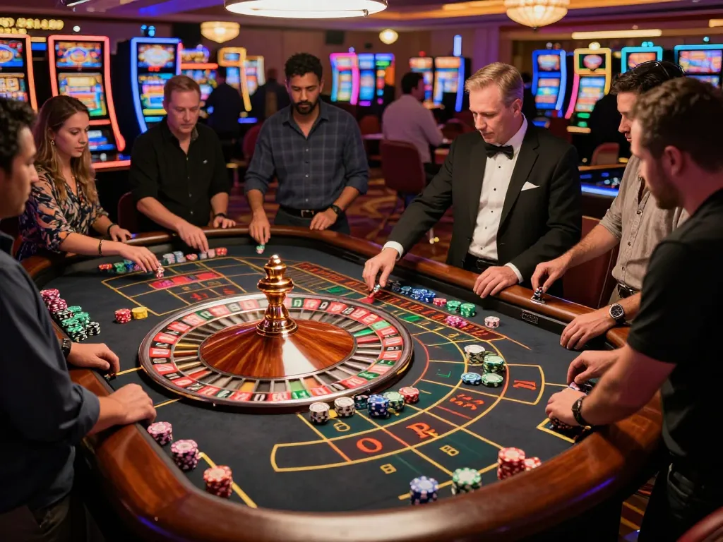 Spin the wheel at a vibrant roulette table, featuring organicsuperfoodshub excitement and colorful chips in a bustling casino.