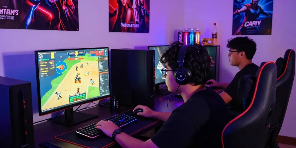 Gamer menikmati pengalaman natunatoto dengan perlengkapan bermain yang berwarna-warni dan suasana yang menggembirakan.