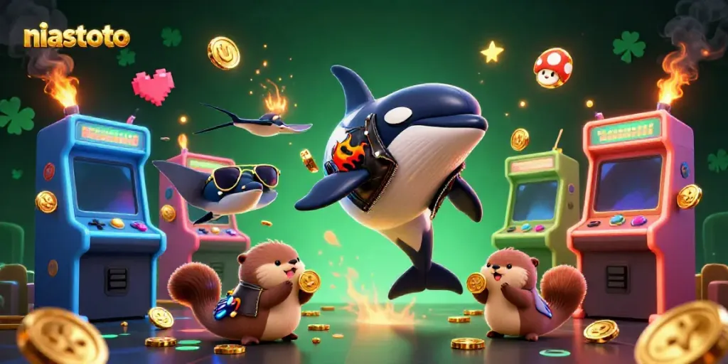Ilustrasi niastoto menampilkan orca 3D, pari, dan berang-berang laut dengan koin emas.