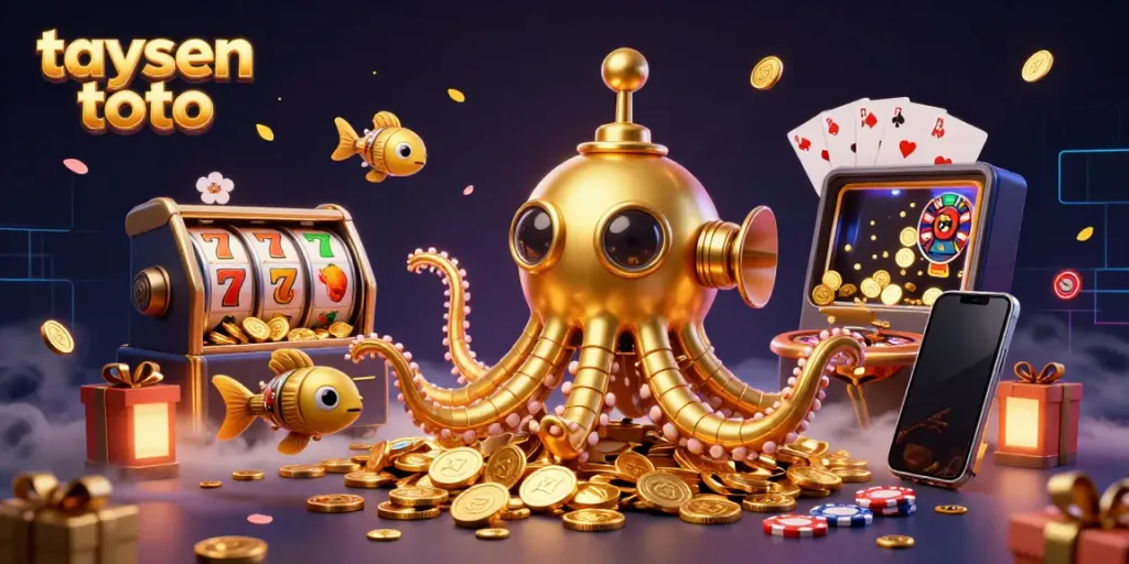 Experience thrilling action with the taysen toto kraken submarine amidst golden coins and slot elements.