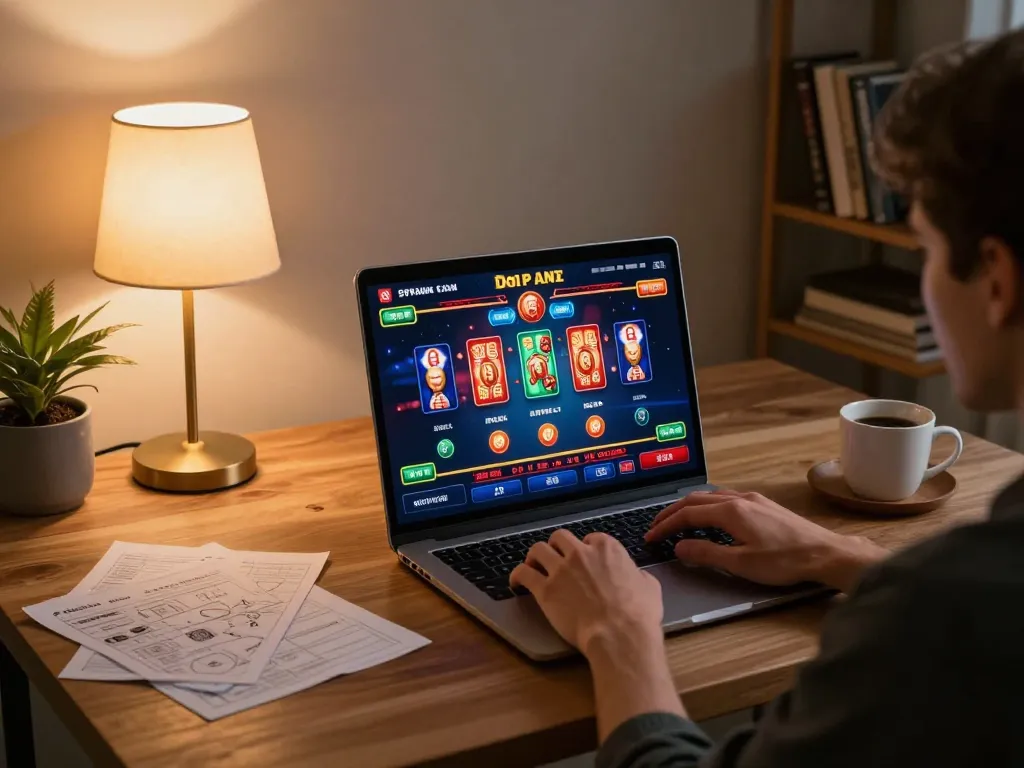 A player enjoying online gaming at https://c168b.com/ with vibrant casino screens, cozy home setting, and strategic notes.