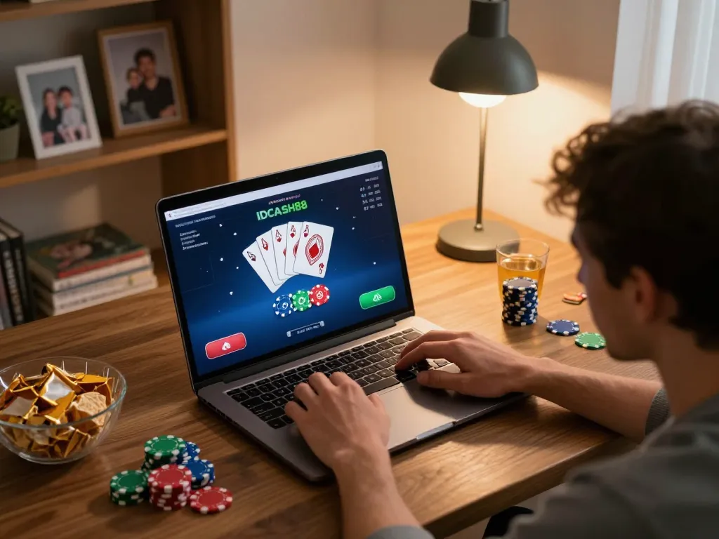 Engaging user plays IDCASH88 online poker, showing strategy and excitement in a cozy home setting.