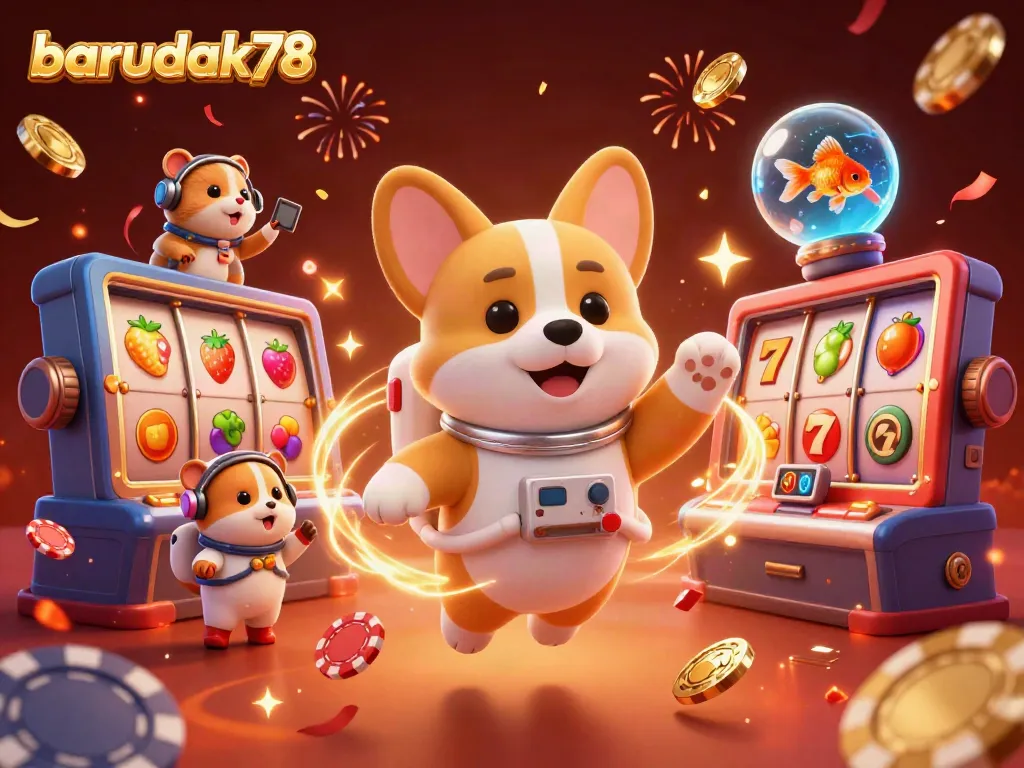 Gambarkan momen meriah di kasino online barudak78 dengan karakter kartun luar angkasa dan elemen slot yang berwarna-warni.