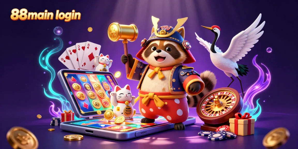 Bermain dan menang di 88main login bersama tanuki ceria, crane, dan kucing keberuntungan di antara elemen kasino yang dinamis.
