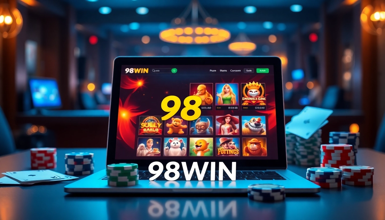 Engaging online gambling scene featuring 98WIN on a digital device with casino elements.
