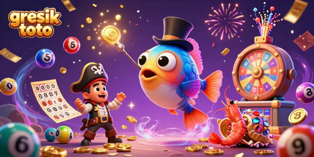 Experience the excitement of gresik toto with a dynamic scene featuring colorful lottery balls and engaging characters.