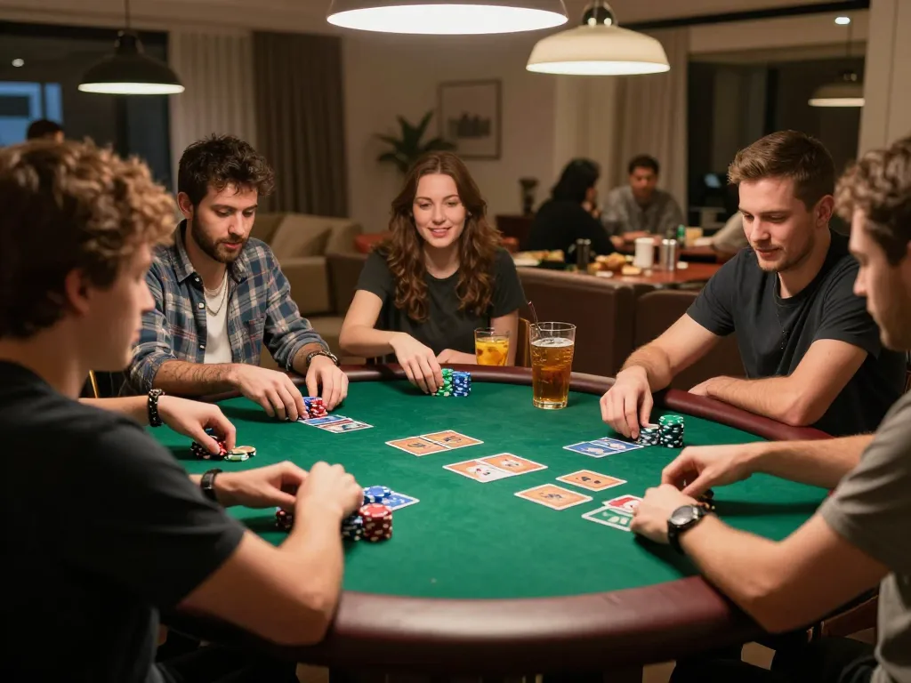 VWIN poker night with friends, showcasing engaging gameplay and vibrant colored chips.