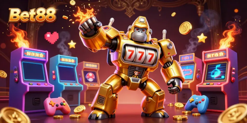 Experience the dynamic excitement of Bet88 with a golden gorilla mech celebrating wins amidst colorful casino elements.