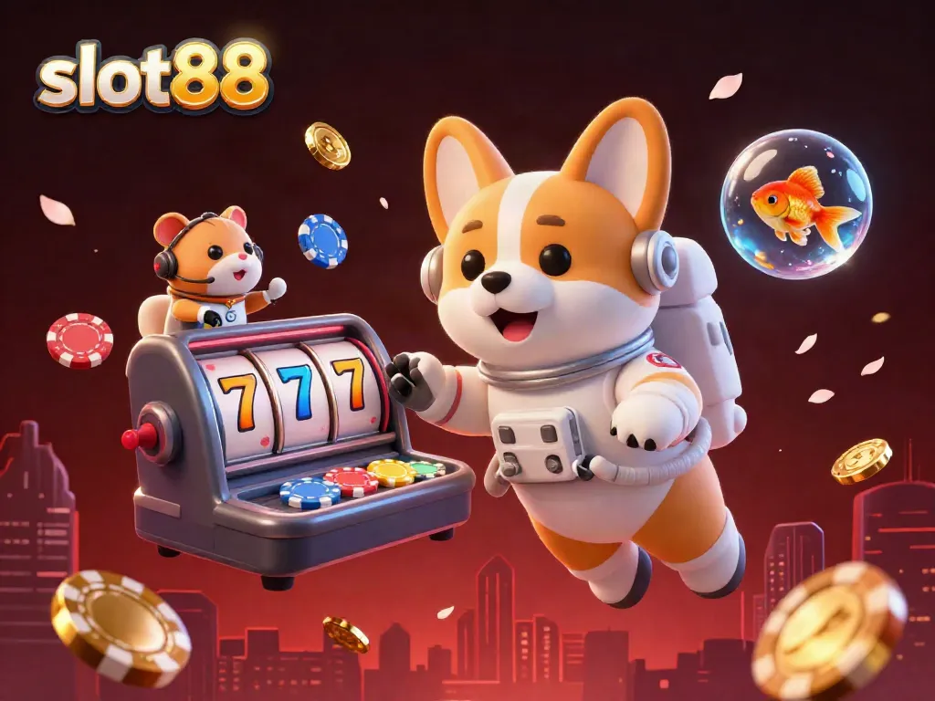 Experience excitement with slot88 in a dynamic space casino featuring a floating corgi and vibrant reels