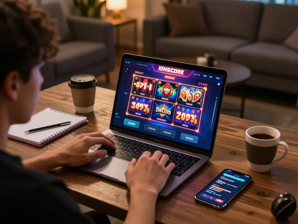 IDNSCORE online gaming scene showing a player engaged in a slot game with thematic graphics on screen.