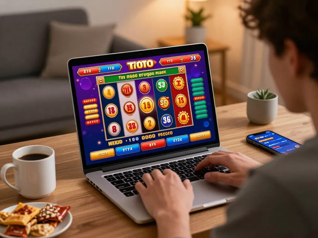 Toto macau slot gameplay action captured on a laptop in a vibrant home office environment.