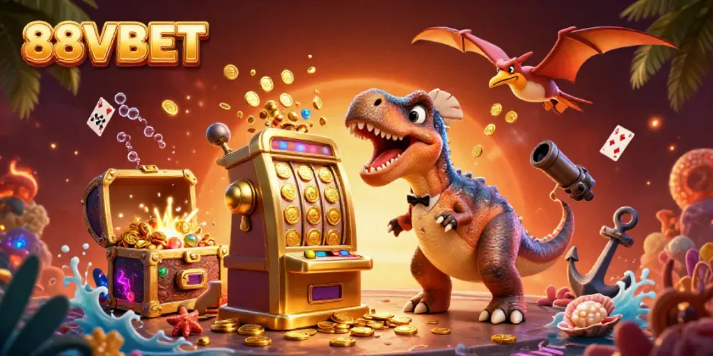 Experience the thrill of winning at 88VBET with a cartoon dinosaur interacting with a jackpot slot