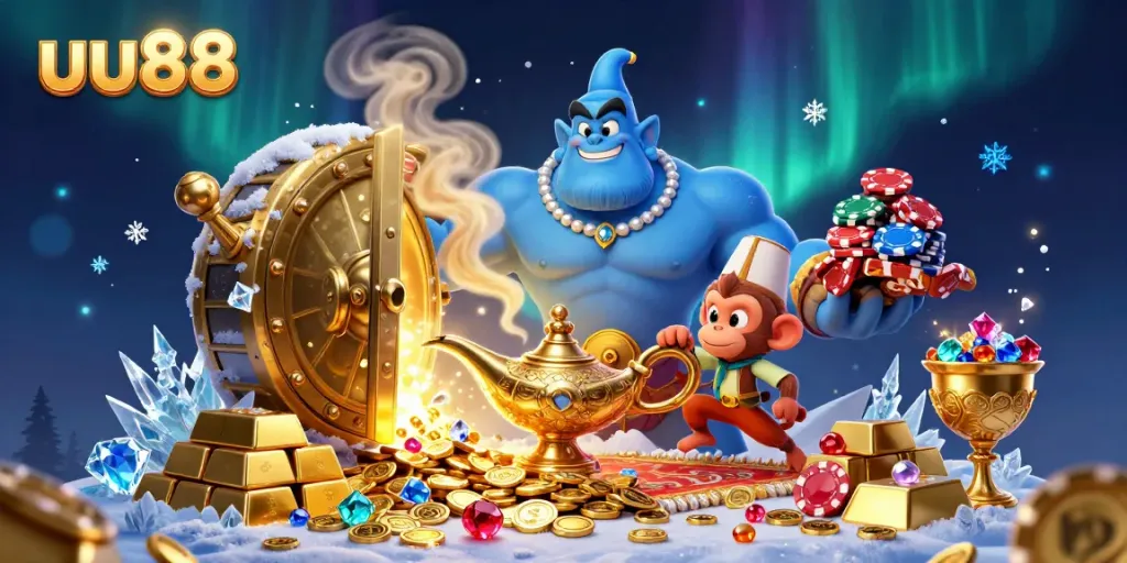 Win big with an intricate uu88 casino scene featuring a genie and poker chips in vibrant detail.
