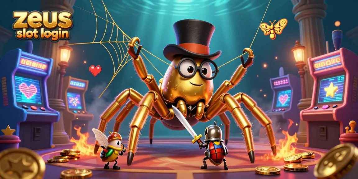 Masuki dunia zeus slot login dengan gambar menarik tarantula emas dan ksatria beetle bertemu dalam suasana kasino yang meriah.