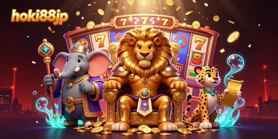 Bermain slot online di HOKI88JP dengan raja singa dan elefant penasihat, dikelilingi simbol beruntung dan koin emas.