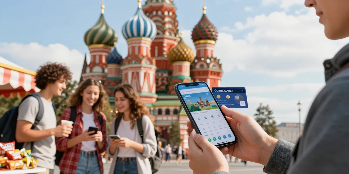 Pengunjung menggunakan aplikasi https://payinrussia.com/ untuk pembayaran digital di Rusia, dikelilingi landmark ikonik.