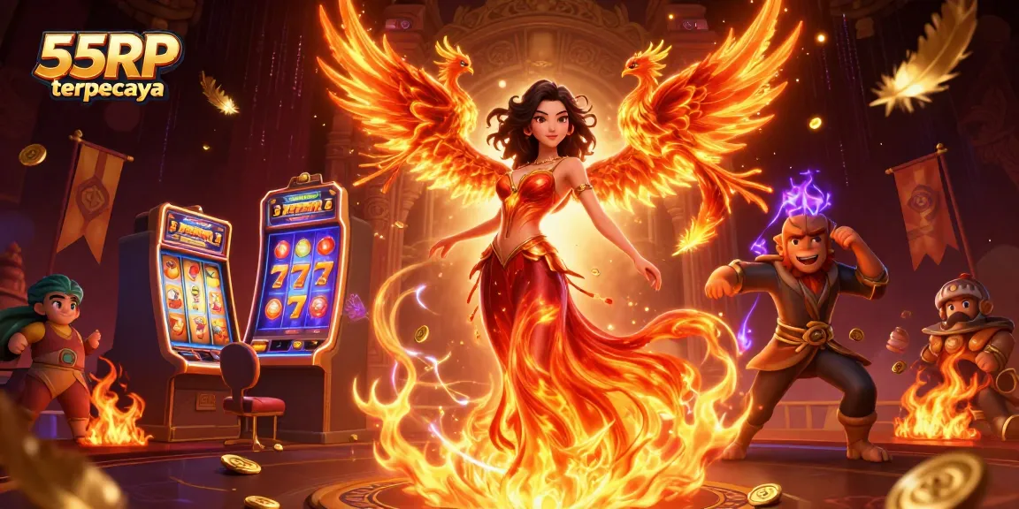 Play exciting slots with a stunning scene from 55RP terpercaya, featuring vibrant characters and casino elements.