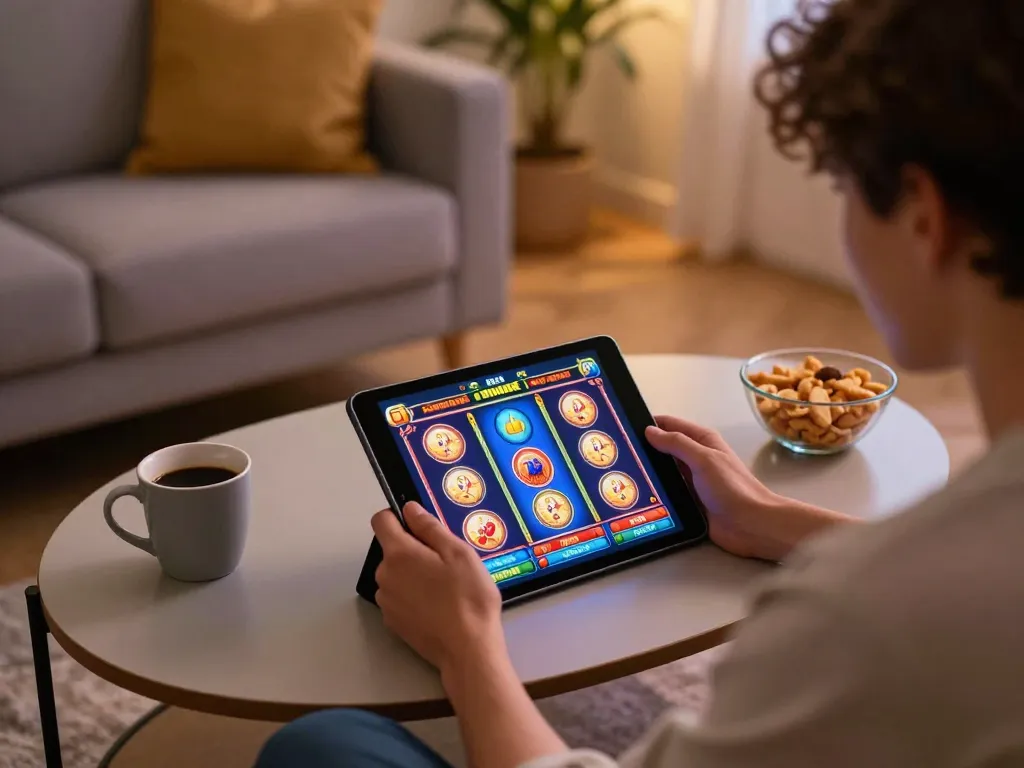PULSASLOT player enjoying dynamic online slots on a tablet in a cozy living room setting