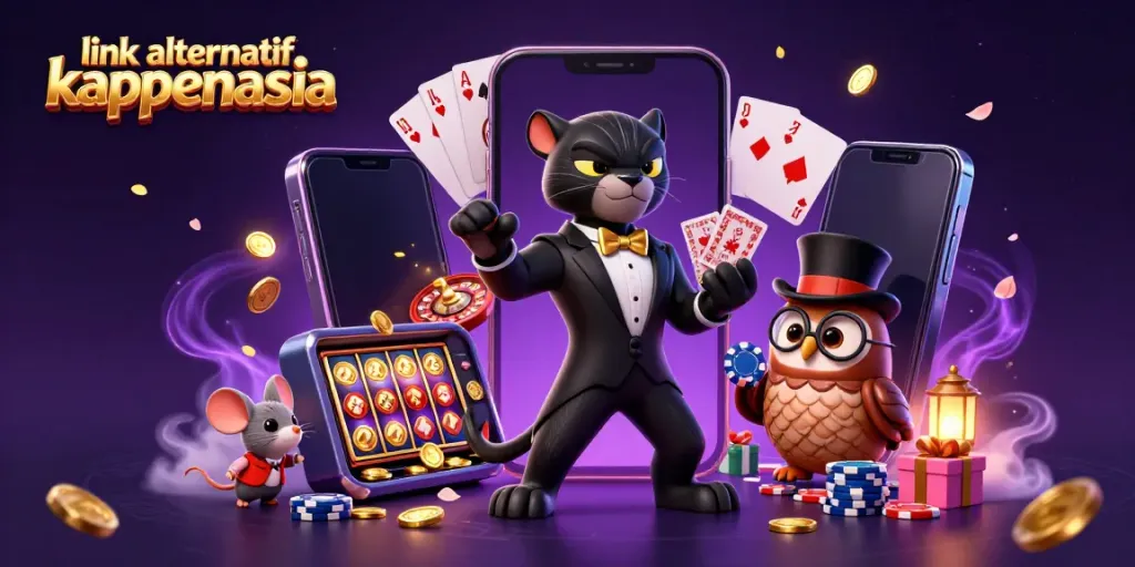 Permainan kartu dengan link alternatif kaptenasia, karakter 3D panther dan burung hantu di suasana kasino yang berwarna-warni.