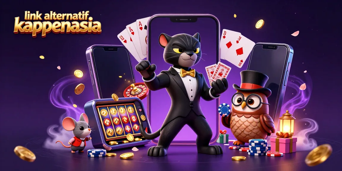 Permainan kartu dengan link alternatif kaptenasia, karakter 3D panther dan burung hantu di suasana kasino yang berwarna-warni.