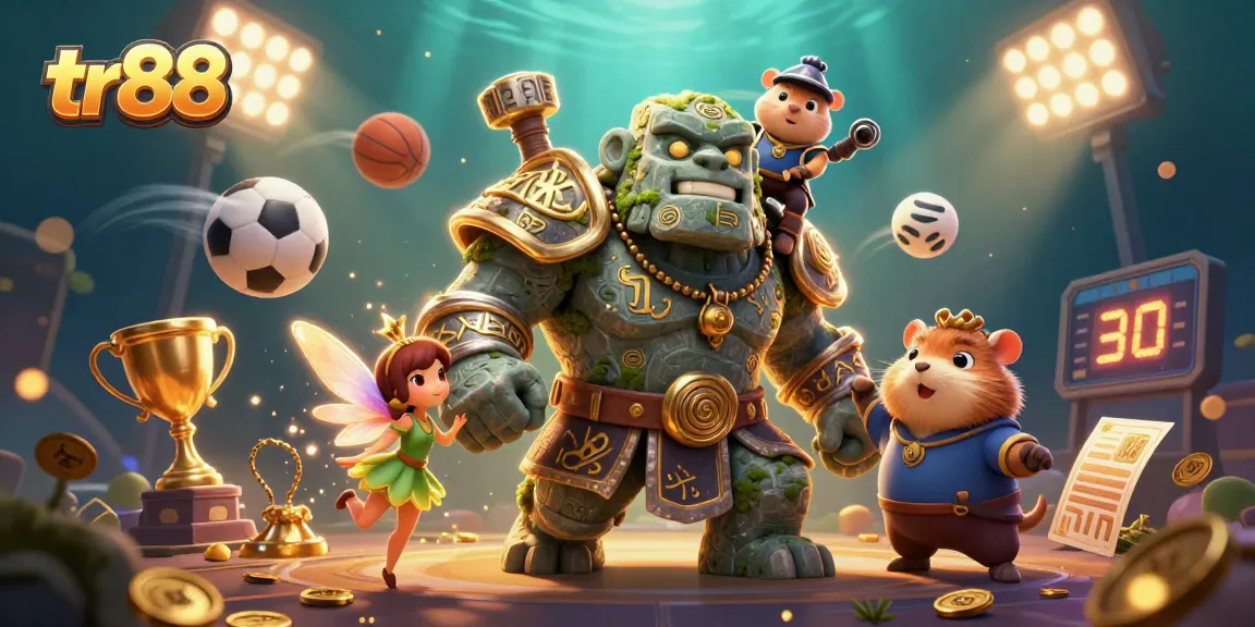 Experience thrilling action with tr88 as the animated golem guardian, fairy, and hamster knight navigate a vibrant gambling scene.