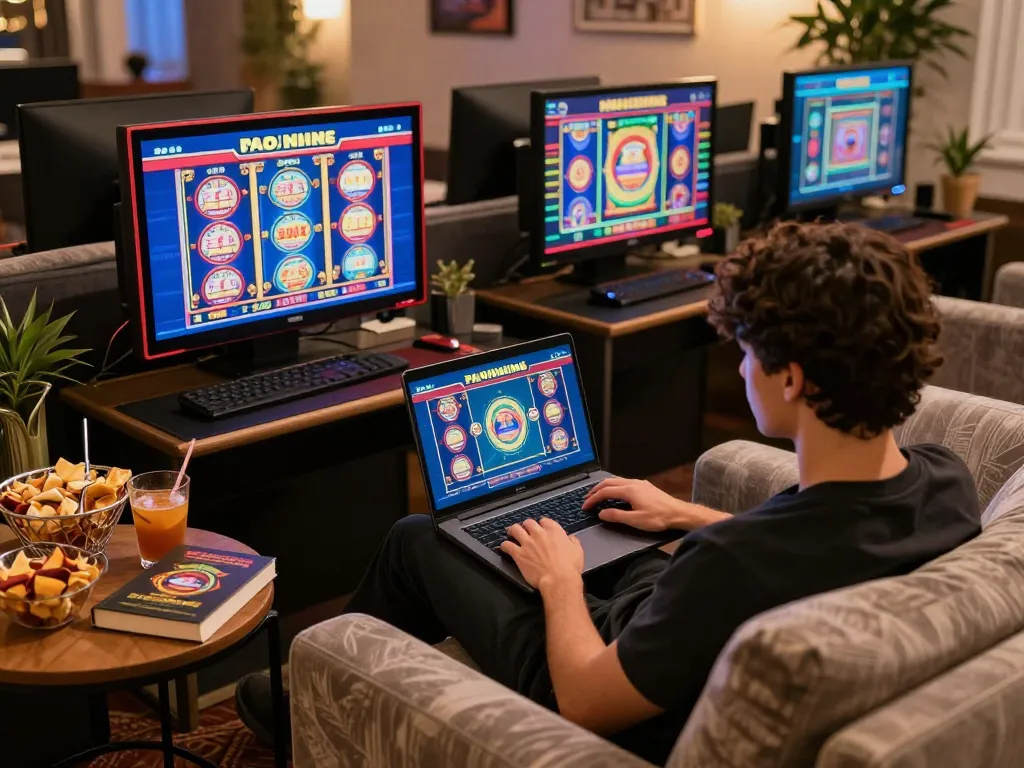Person gaming on trang chủ vmax online casino with snacks, laptop, and warm lighting
