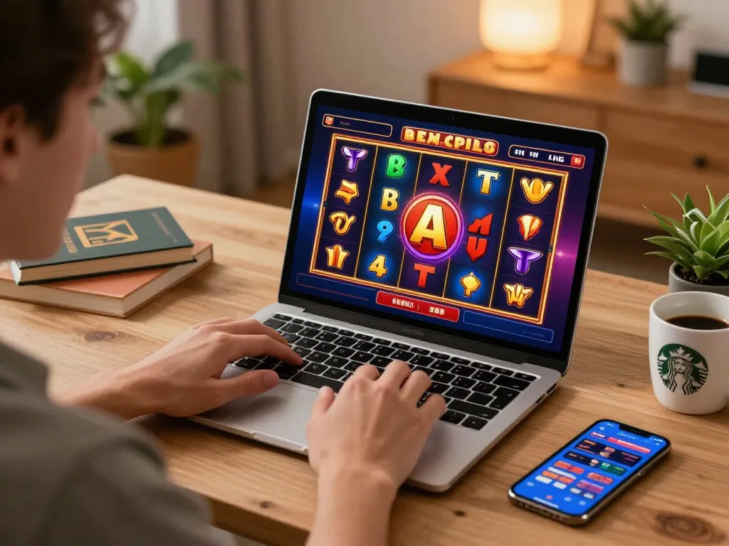 Play exciting slots on shbet800 with vibrant reels spinning in a cozy home setting.