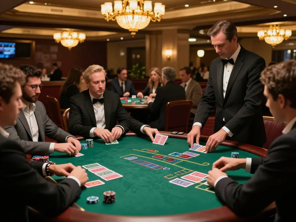 Players engaged in a thrilling blackjack game at mb66ac casino, with a dealer skillfully dealing cards.