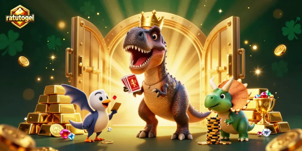 Ratutogel memperlihatkan T-Rex lucu menciptakan suasana kasino dengan chip emas.