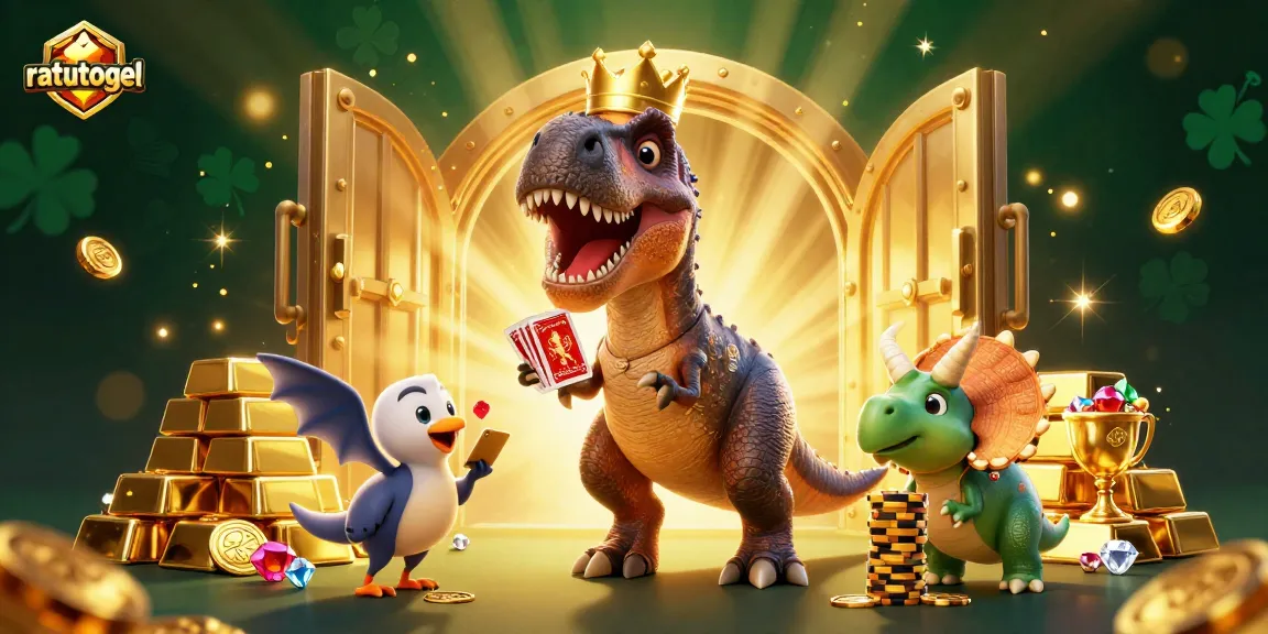 Ratutogel memperlihatkan T-Rex lucu menciptakan suasana kasino dengan chip emas.