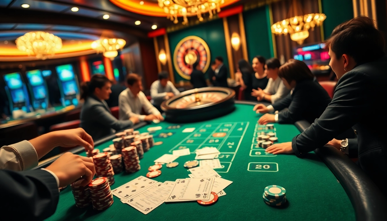 Exciting poker game featuring keo nha cai with colorful chips and lively players.