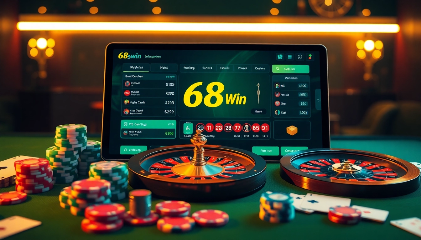 Rút tiền 68win through a luxury online casino interface showcasing poker chips and tables.
