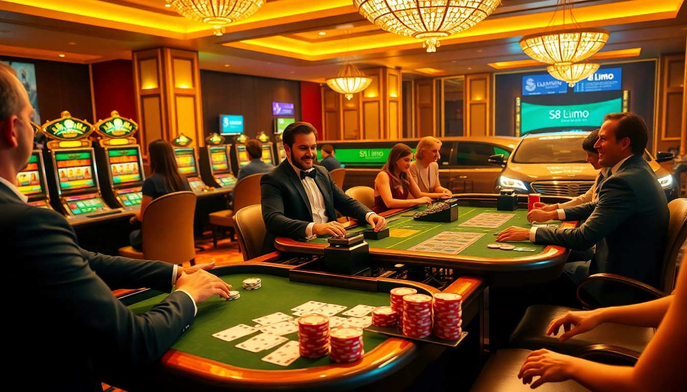 The vibrant casino scene showcases S8.limo with elegant poker tables and luxury slot machines.
