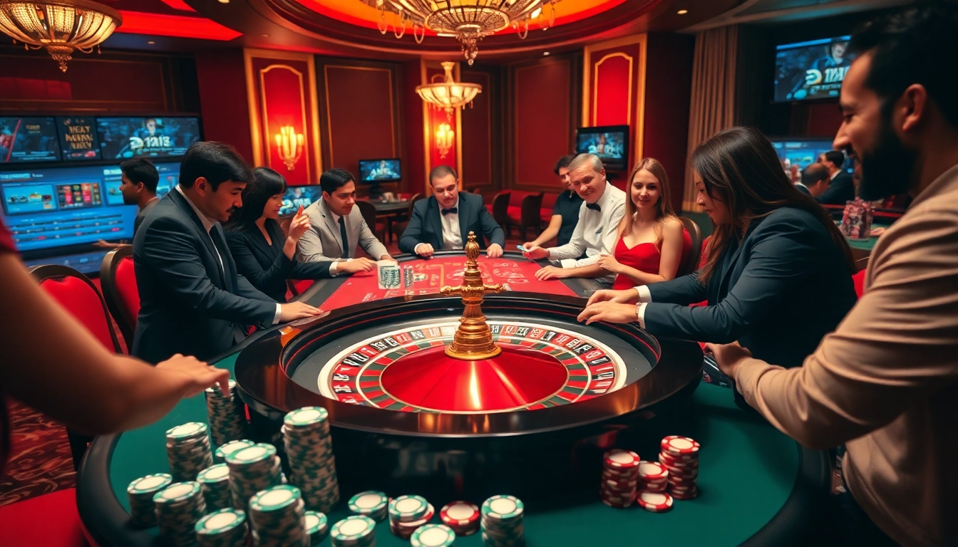 Engaging scene of rút tiền xn88 with gamblers at a roulette table, showcasing strategy and excitement.