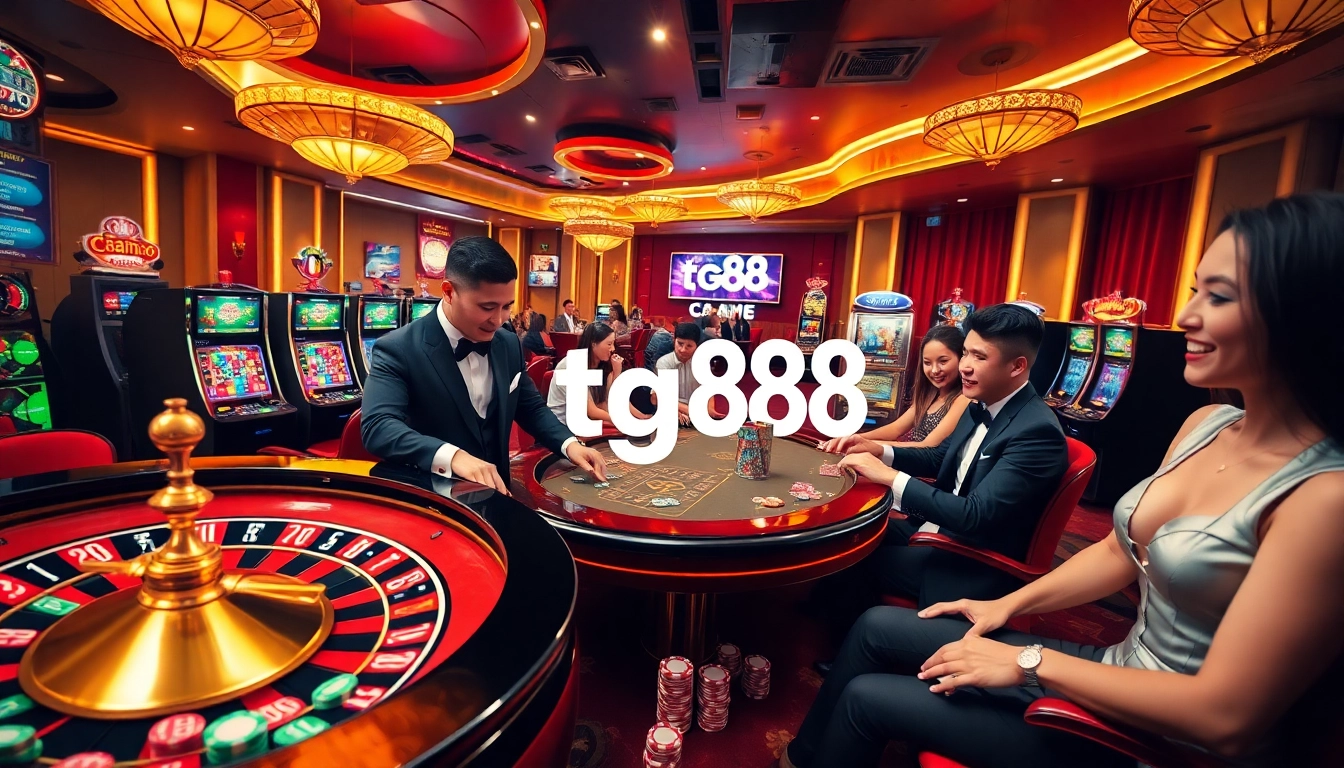 Engaging casino scene showcasing tg88 gaming excitement with players and roulette.