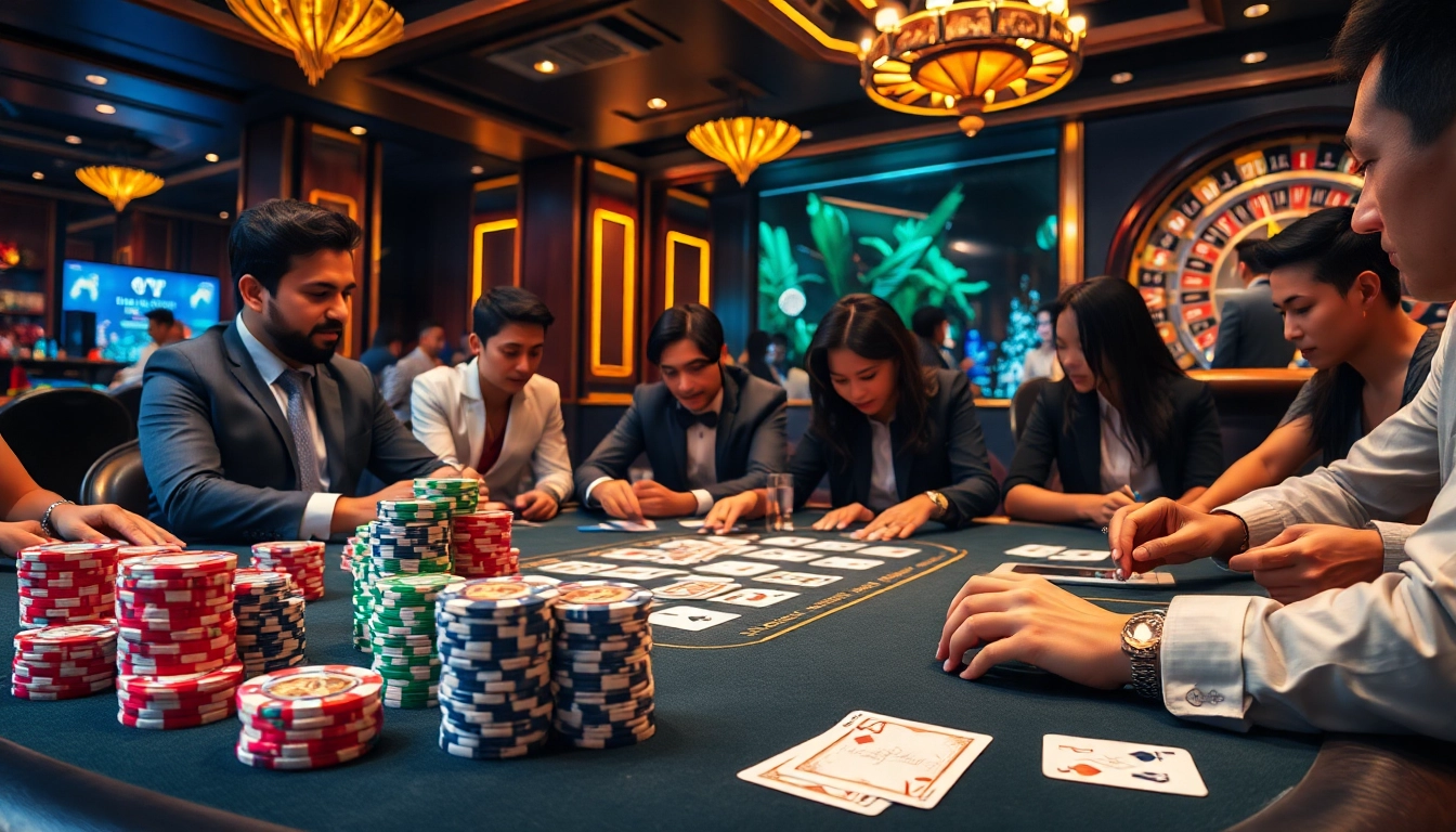 Rasakan sensasi datukwin alternatif dalam permainan poker kelas atas dengan chip berwarna-warni dan pemain yang penuh intensitas.