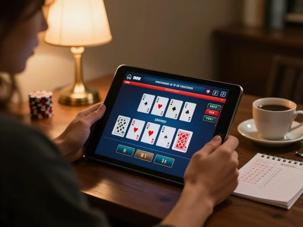 Online gaming on https://lucky88at.com/ showcasing a live dealer blackjack game in a cozy environment with strategic notes.